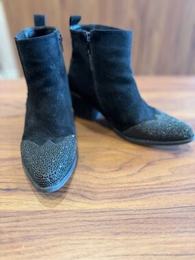 Black Ultra Suede Ankle Boots with Embellished Toe Western inspired - Women's